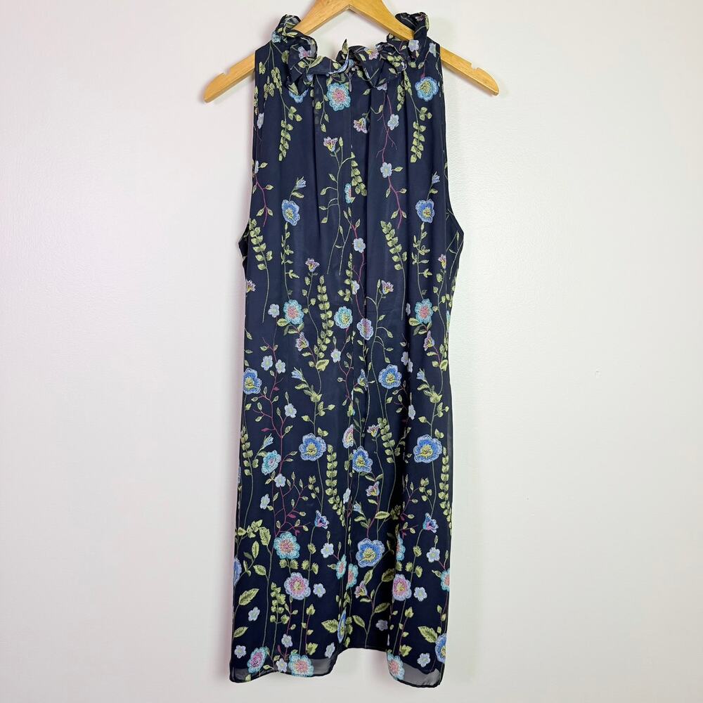 Tahari Blue Floral Chiffon Ruffle Neck Shift Dress Women's 12 Cottage Garden - Picture 4 of 13